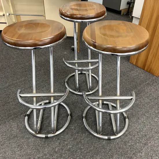 Set of 3 Modern Barstools, Round Rimu Indented Top On Polished Steel Base, 74 x 37cm
