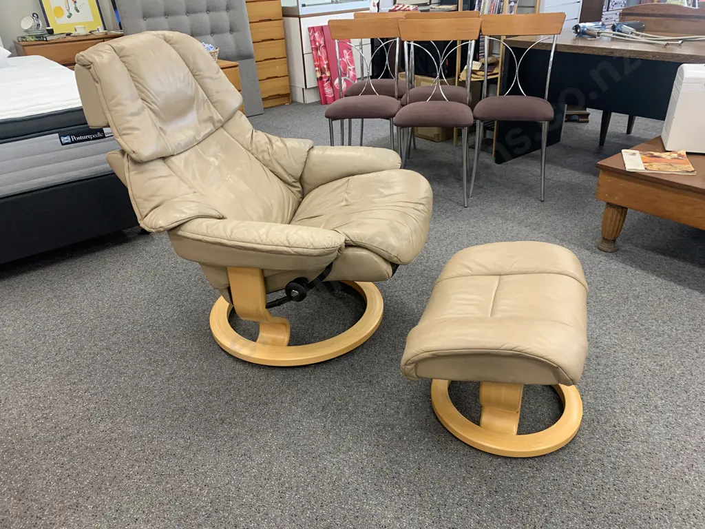 Stressless Chair & Footstool, Mocha Colour (Wear on Right Arm) Image 1++