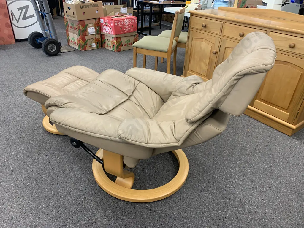 Stressless Chair & Footstool, Mocha Colour (Wear on Right Arm) Image 1++