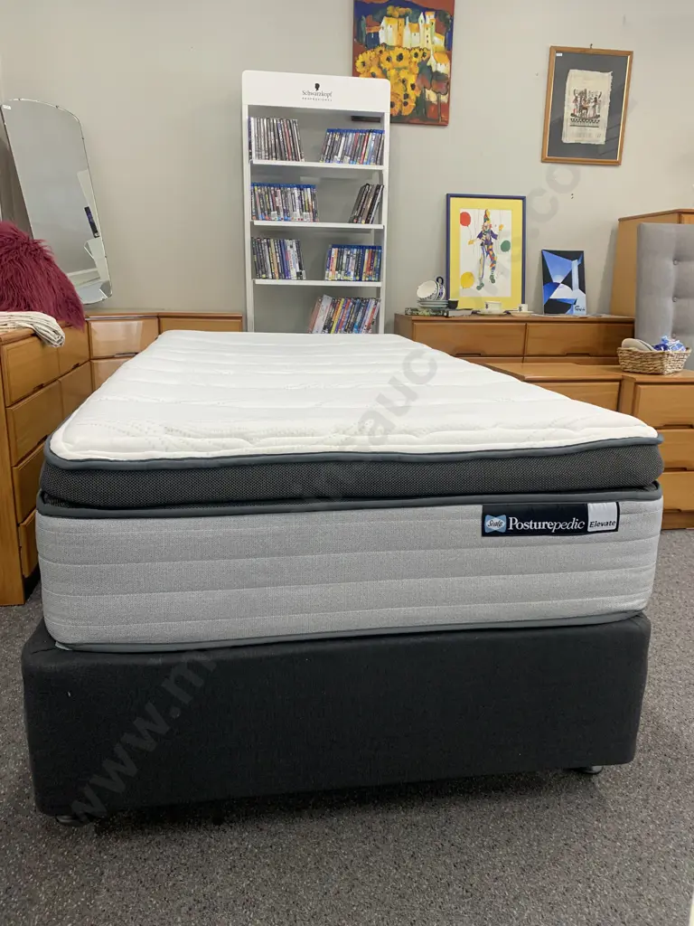 As New Sealy Posturepedic Elevate 'Tribute Plush' King Single Bed, Pillow Top, White / Grey, 105 x 200cm Image 1++