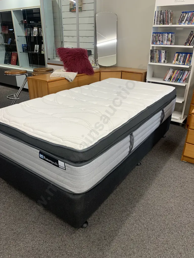 As New Sealy Posturepedic Elevate 'Tribute Plush' King Single Bed, Pillow Top, White / Grey, 105 x 200cm Image 1++