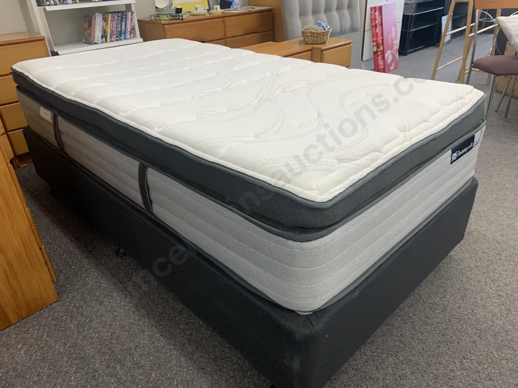 As New Sealy Posturepedic Elevate 'Tribute Plush' King Single Bed, Pillow Top, White / Grey, 105 x 200cm Image 1++