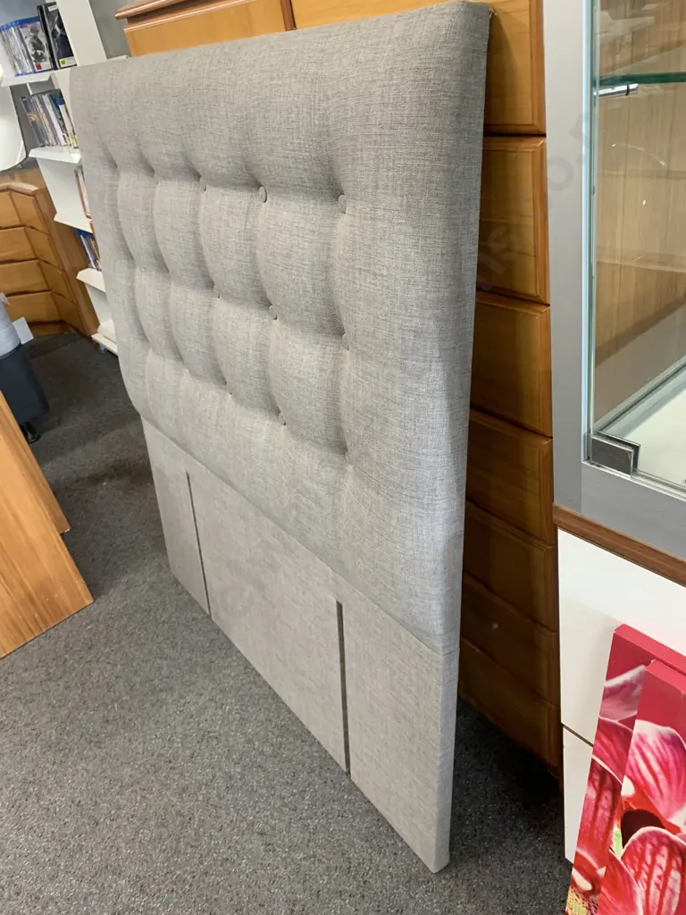 Button Backed Grey Fabric Headboard, 123 x 108cm Image 1++