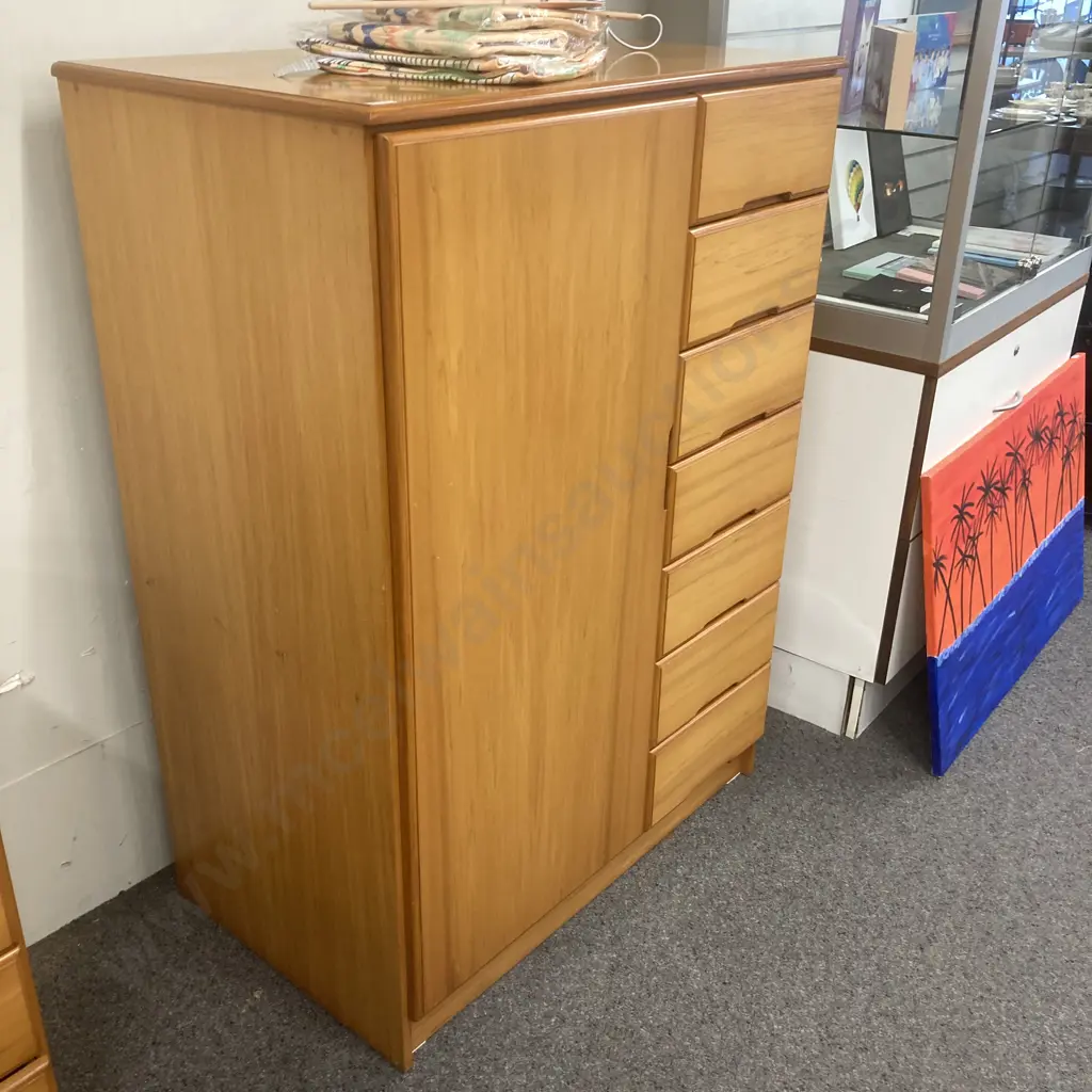 Rimu Effect 7 Drawer Manrobe With Recessed Handles, Wardrobe Rail, H129 W93 D56cm Image 1++