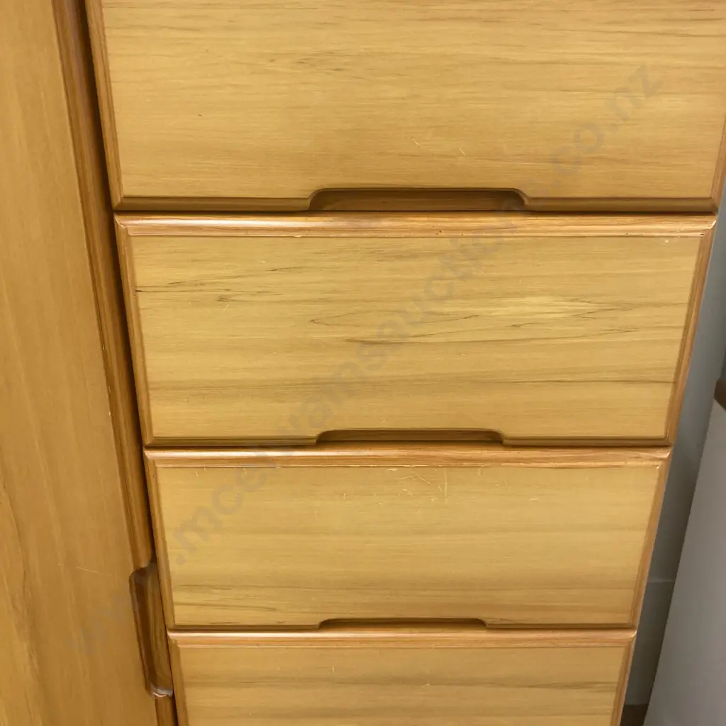 Rimu Effect 7 Drawer Manrobe With Recessed Handles, Wardrobe Rail, H129 W93 D56cm Image 1++