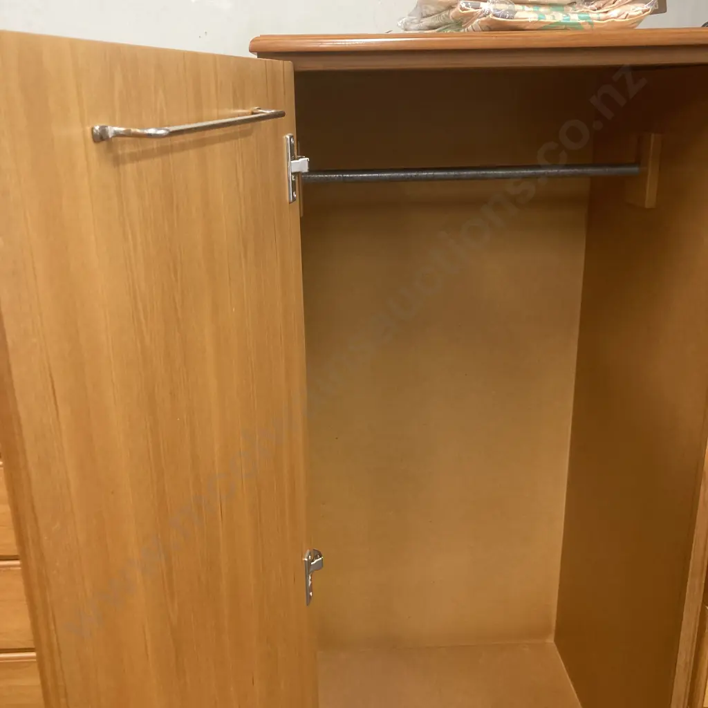Rimu Effect 7 Drawer Manrobe With Recessed Handles, Wardrobe Rail, H129 W93 D56cm Image 1++