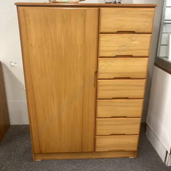 Rimu Effect 7 Drawer Manrobe With Recessed Handles, Wardrobe Rail, H129 W93 D56cm