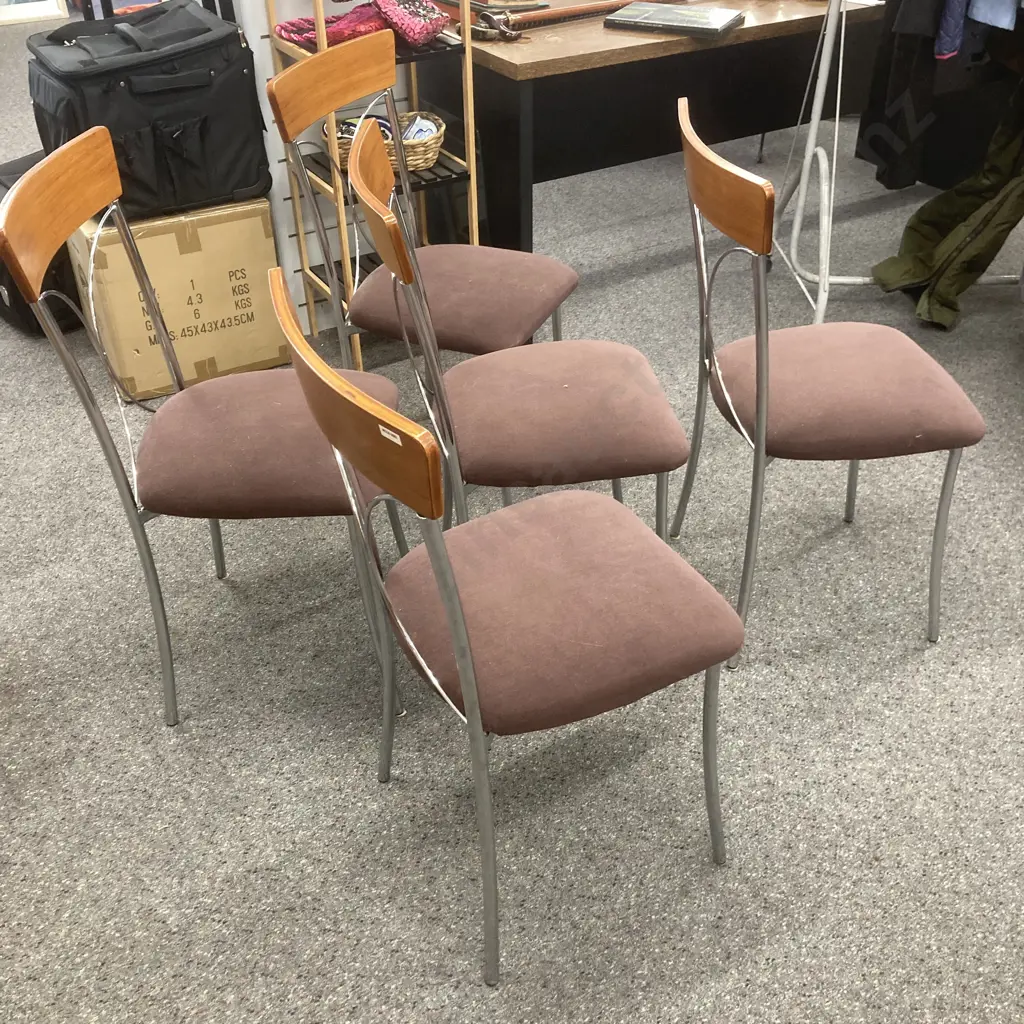Set of Five Modern Dining Chairs, Chrome Legs, Curved Wood & Chrome Back, Mauve Fabric Image 1++