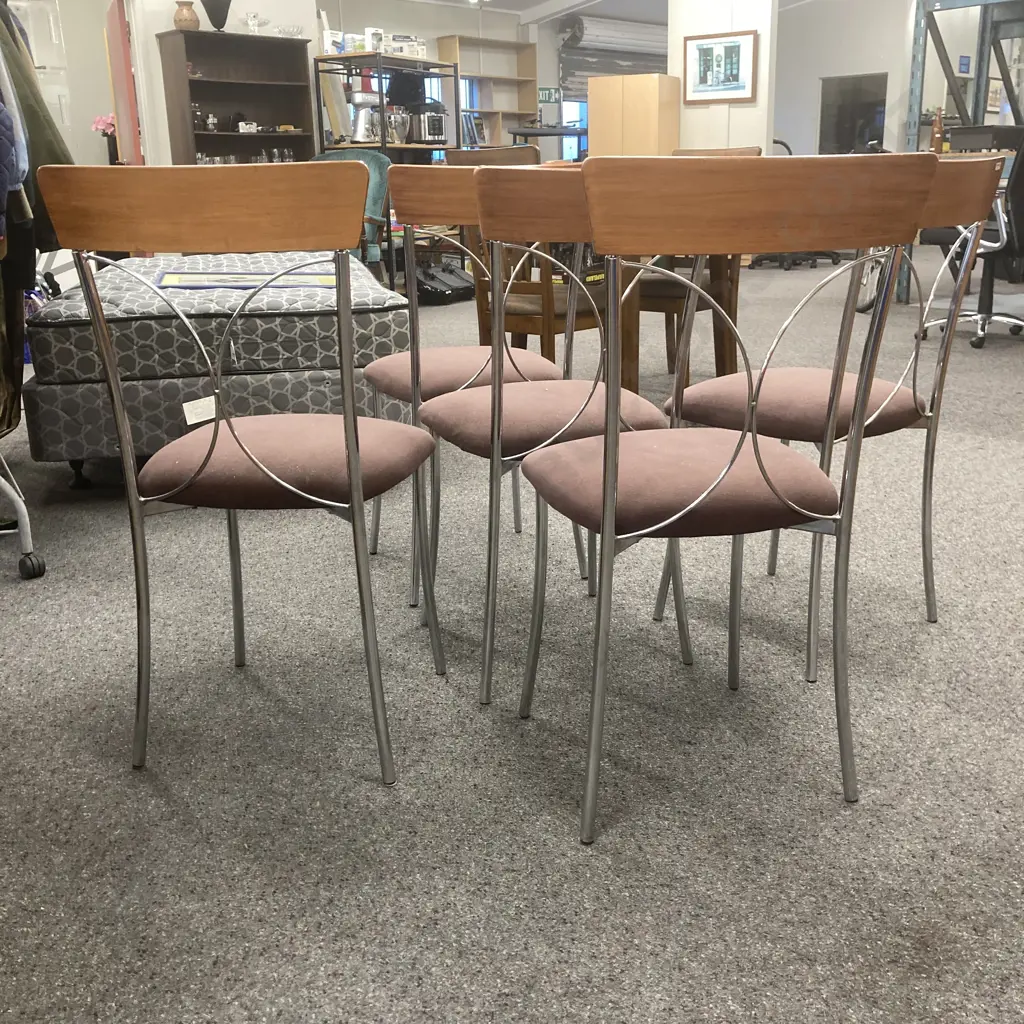 Set of Five Modern Dining Chairs, Chrome Legs, Curved Wood & Chrome Back, Mauve Fabric Image 1++