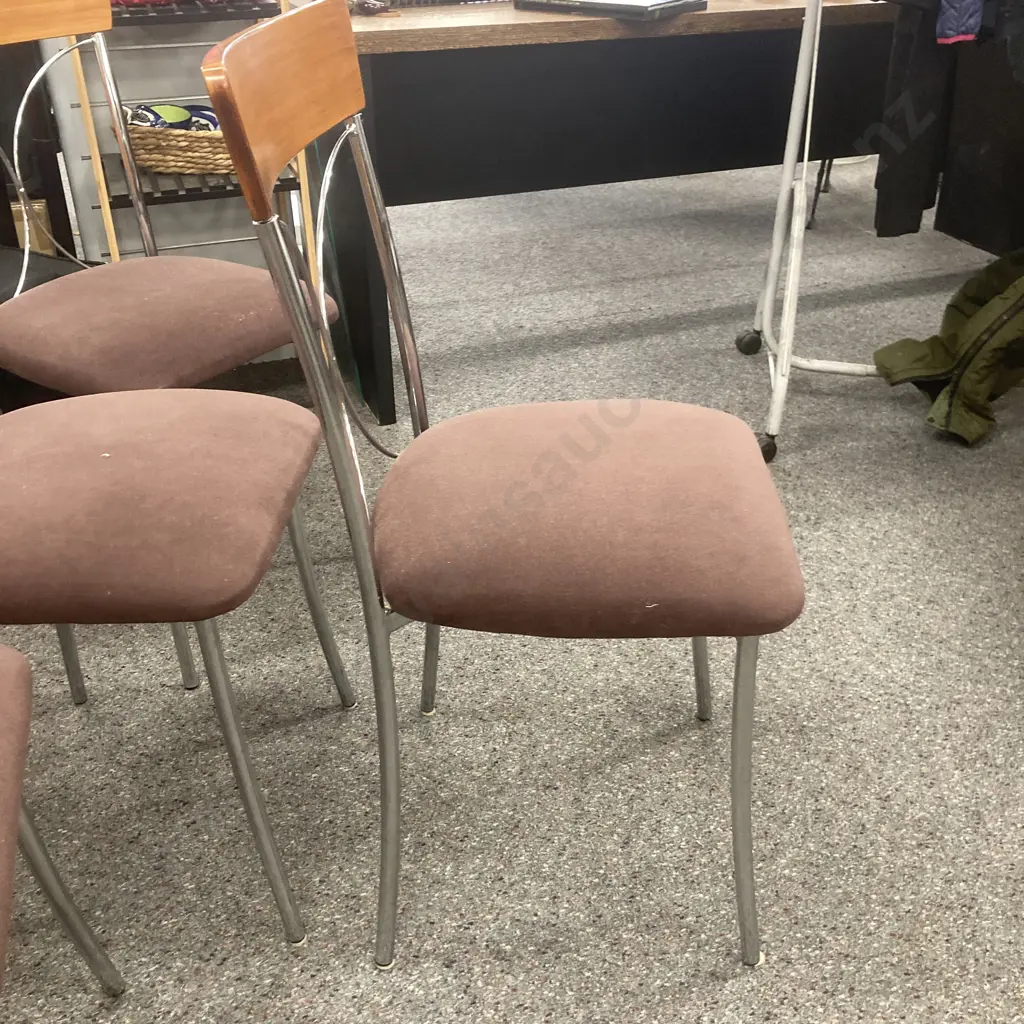 Set of Five Modern Dining Chairs, Chrome Legs, Curved Wood & Chrome Back, Mauve Fabric Image 1++