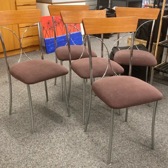 Set of Five Modern Dining Chairs, Chrome Legs, Curved Wood & Chrome Back, Mauve Fabric