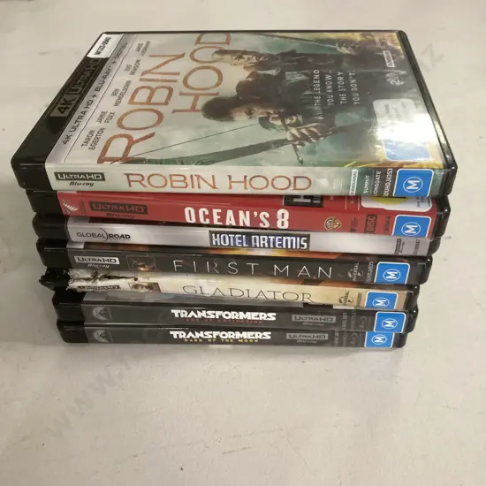 4K UltraHD x 7, Hotel Artemis, Transformers, Oceans8, Robin Hood, Gladiator, First Man