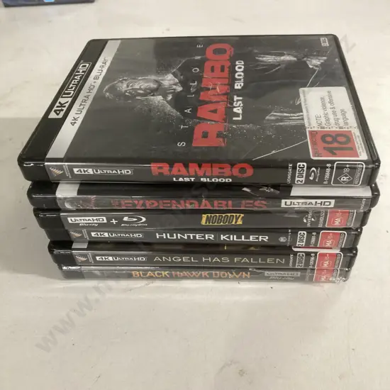 4K UltraHD x 6, Rambo Last Blood, Nobody, Black Hawk Down, Hunter Killer, Expendables, Angel Has Fallen