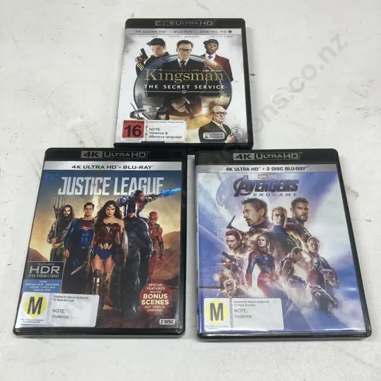 4K UltraHD & Blu-Ray x 3, Avengers End Game, Justice League, Kingsman Secret Service