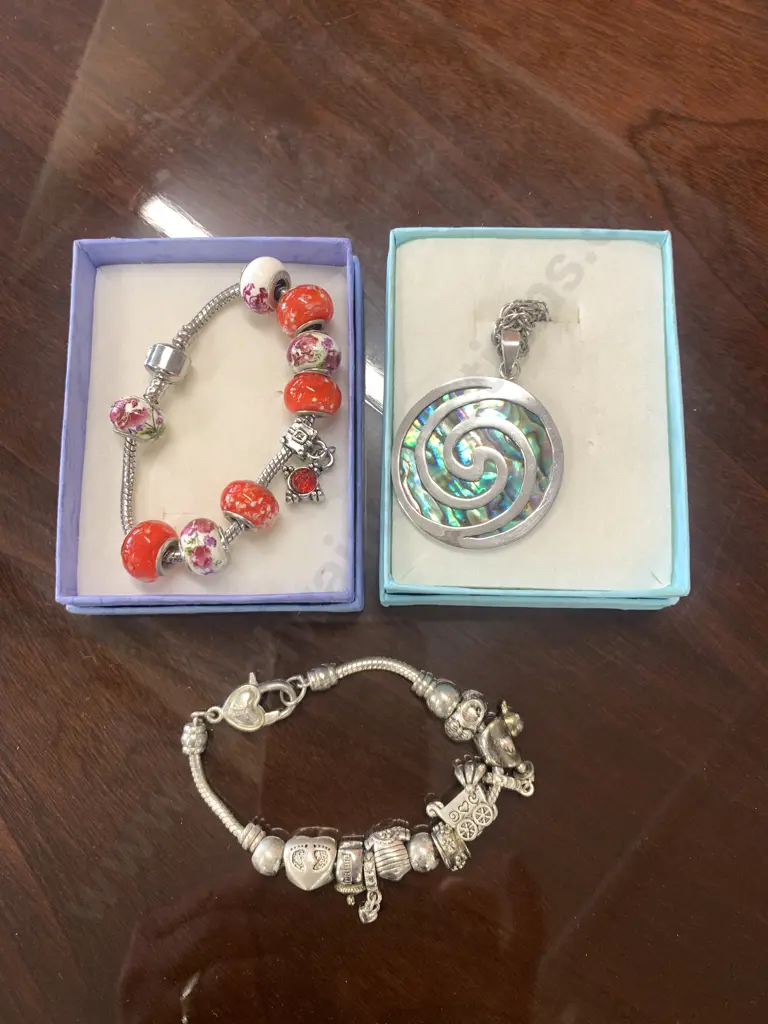 Assorted Costume Jewellery Including Charm Bracelets x2 And Paua Pendant Necklace Image 1++