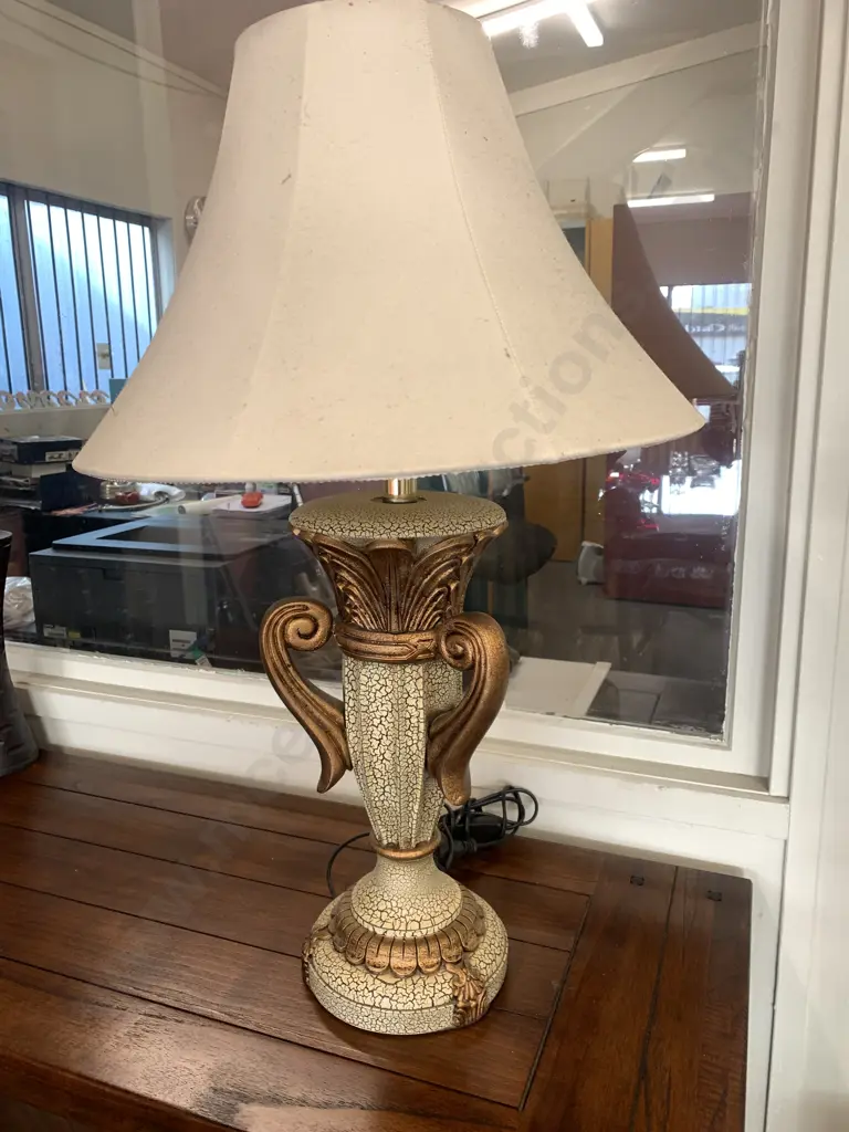 Table Lamp, Mottled Beige Base With Ornate Copper Colour Handles, Cream Shade, H73cm Image 1++