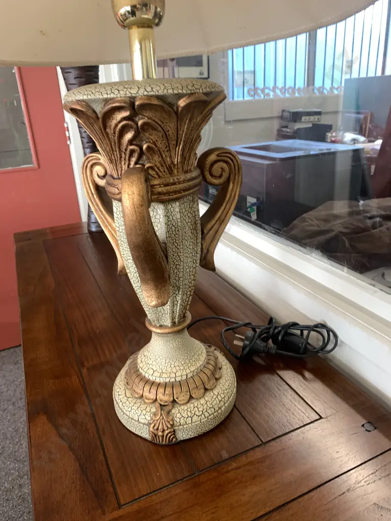 Table Lamp, Mottled Beige Base With Ornate Copper Colour Handles, Cream Shade, H73cm Image 1++