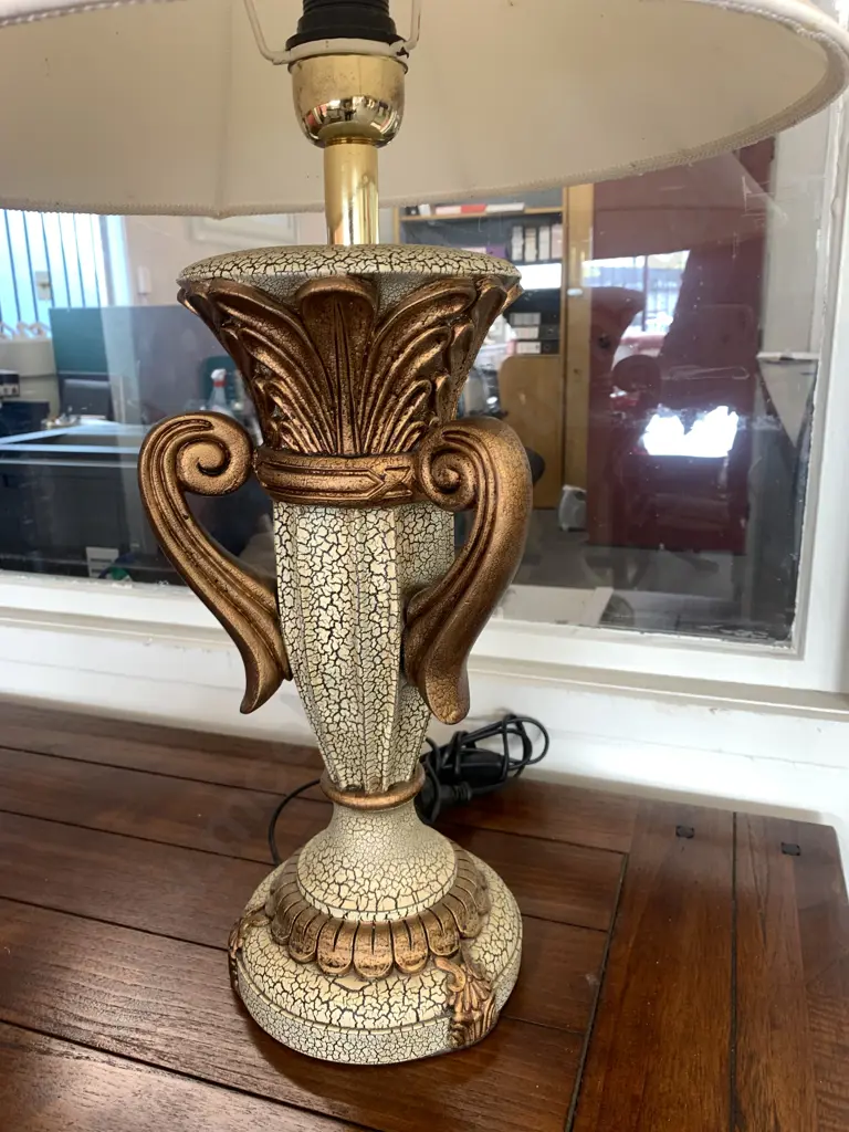 Table Lamp, Mottled Beige Base With Ornate Copper Colour Handles, Cream Shade, H73cm Image 1++