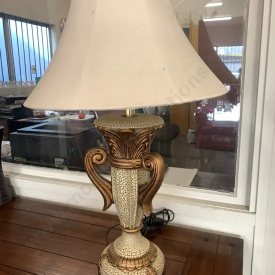 Table Lamp, Mottled Beige Base With Ornate Copper Colour Handles, Cream Shade, H73cm