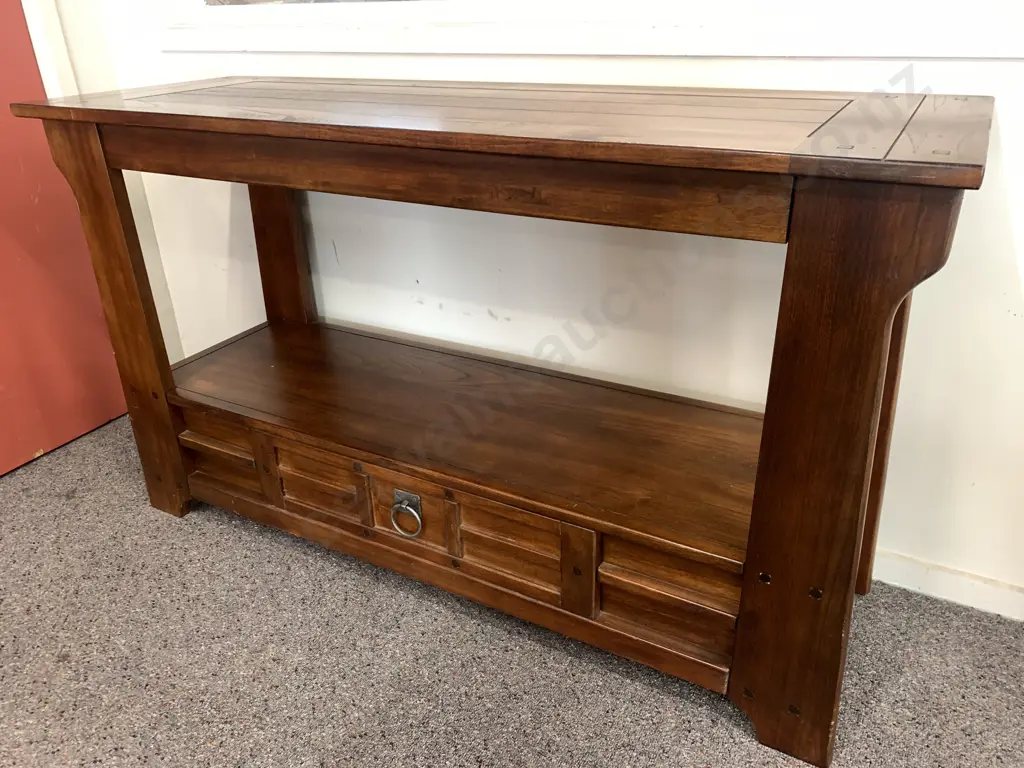 Solid Wood Side Board, Single Drawer, Two Tier, Black Steel Ring Handle, H74 W127 D43cm Image 1++