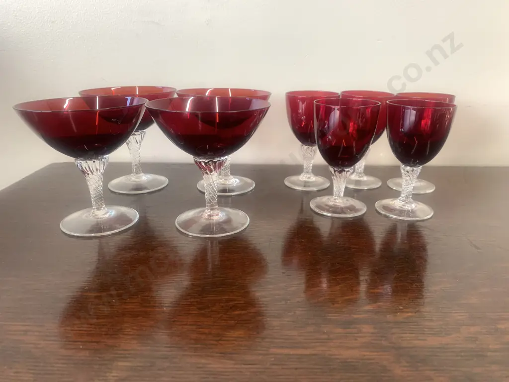 Vintage Ruby Red To Clear Glasses Twisted Stemmed Sherry And Champagne  Image 1++