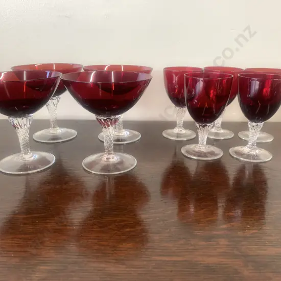 Vintage Ruby Red To Clear Glasses Twisted Stemmed Sherry And Champagne 