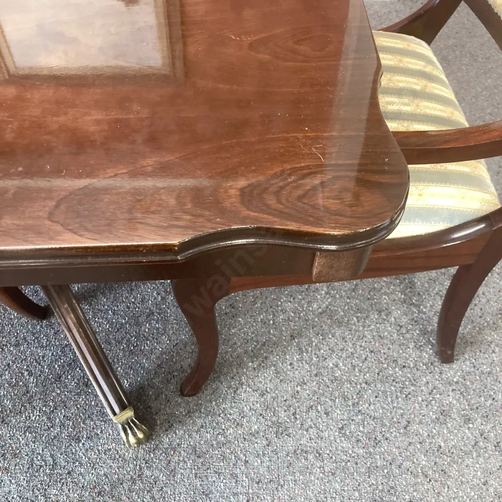 Mahogany Extension Dining Table, Double Pedestal 6 Brass Claw Feet, 4 Sabre Leg Dining Chairs, 2 Scrolled Arm Carvers Image 1++