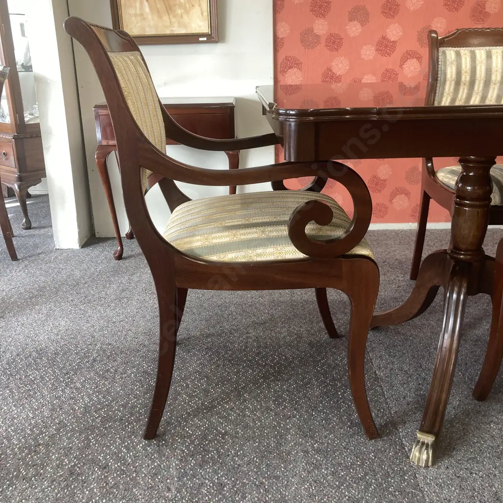 Mahogany Extension Dining Table, Double Pedestal 6 Brass Claw Feet, 4 Sabre Leg Dining Chairs, 2 Scrolled Arm Carvers Image 1++