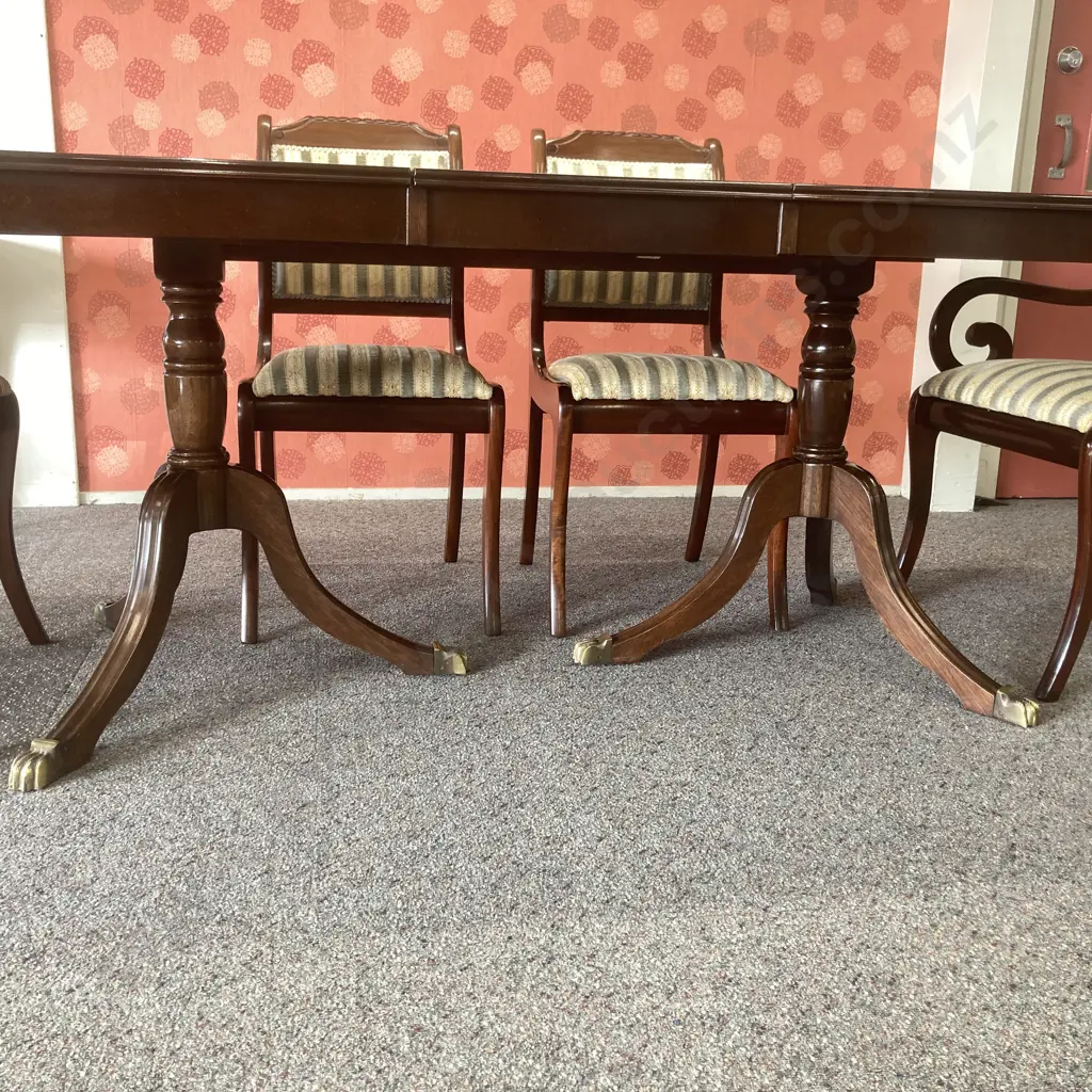 Mahogany Extension Dining Table, Double Pedestal 6 Brass Claw Feet, 4 Sabre Leg Dining Chairs, 2 Scrolled Arm Carvers Image 1++