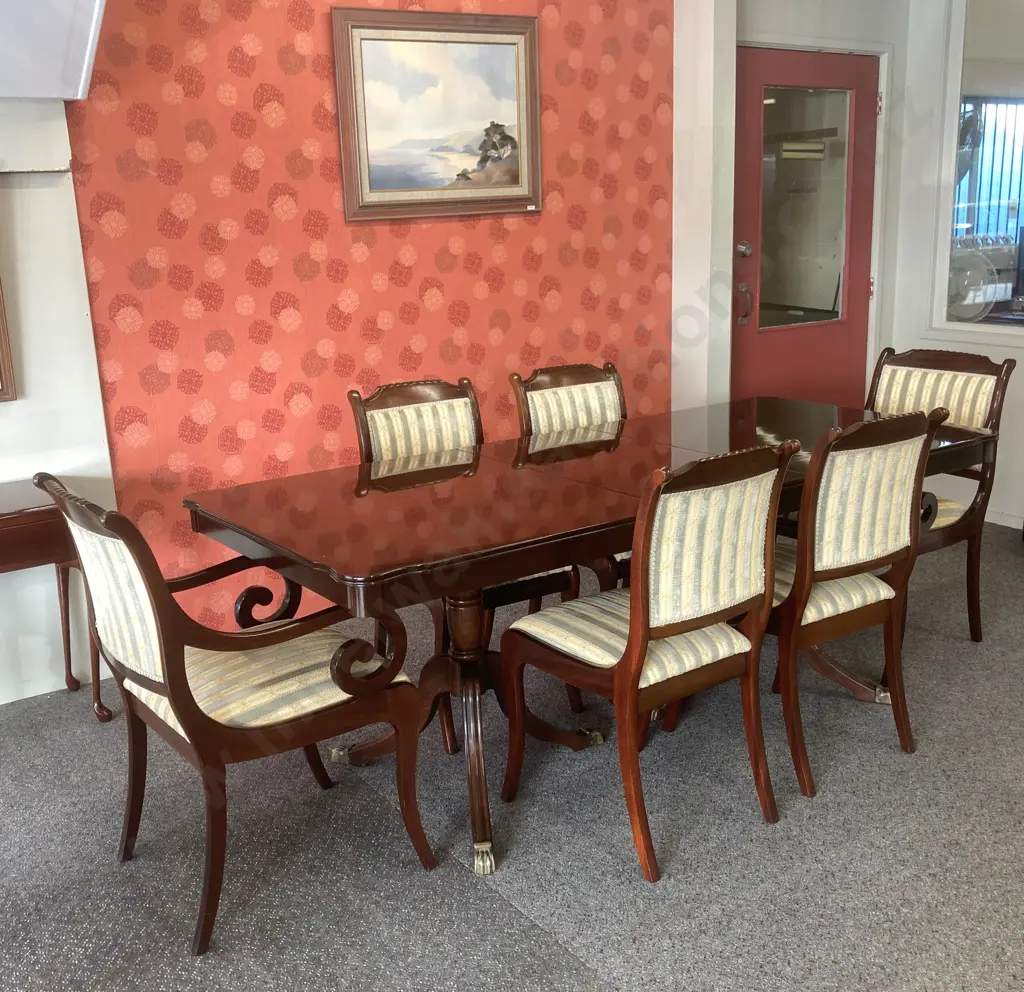 Mahogany Extension Dining Table, Double Pedestal 6 Brass Claw Feet, 4 Sabre Leg Dining Chairs, 2 Scrolled Arm Carvers Image 1++
