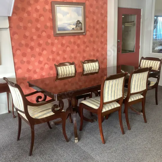 Mahogany Extension Dining Table, Double Pedestal 6 Brass Claw Feet, 4 Sabre Leg Dining Chairs, 2 Scrolled Arm Carvers