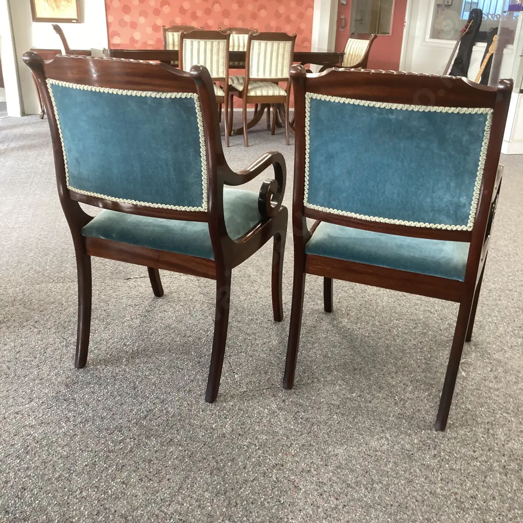 Pair of Mahogany Sabre leg Dining Chairs With Scrolled Arms, Green Fabric With Lime Braiding Image 1++