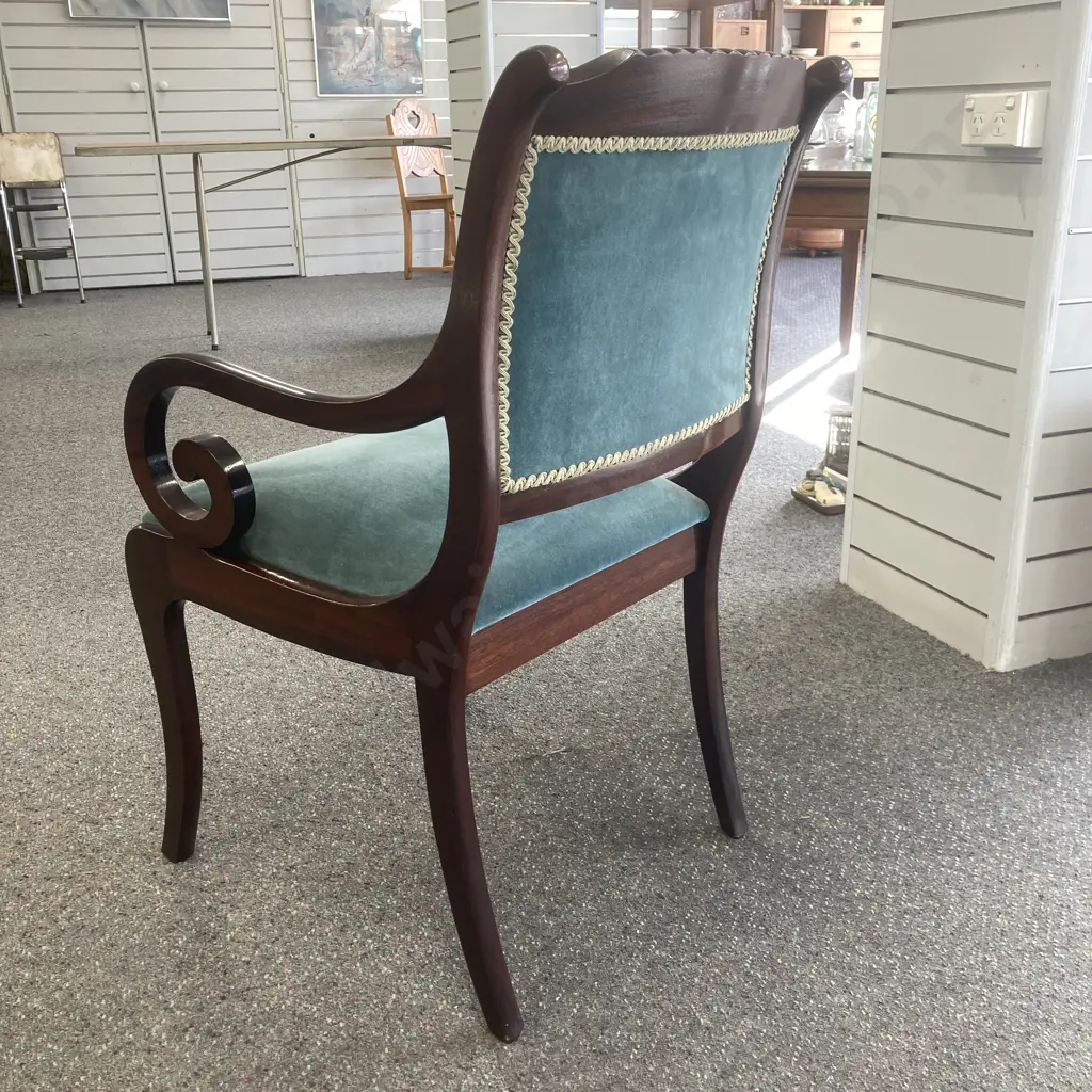 Pair of Mahogany Sabre leg Dining Chairs With Scrolled Arms, Green Fabric With Lime Braiding Image 1++