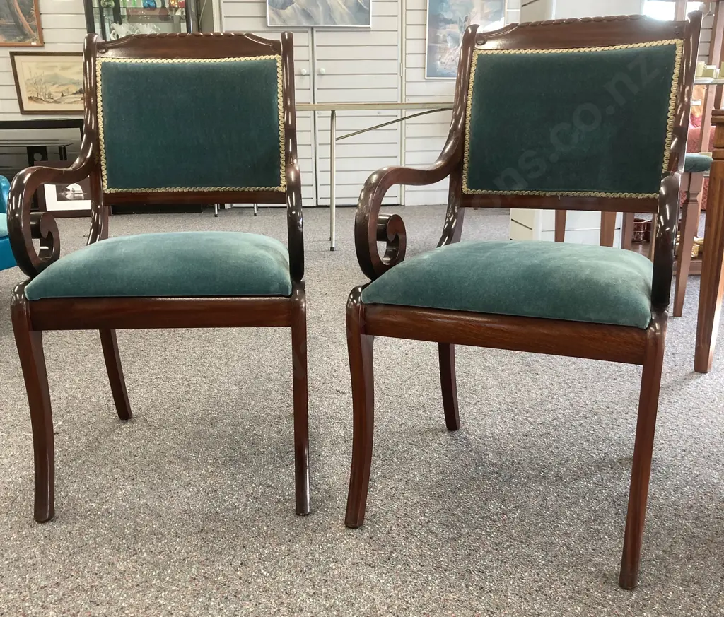 Pair of Mahogany Sabre leg Dining Chairs With Scrolled Arms, Green Fabric With Lime Braiding Image 1++