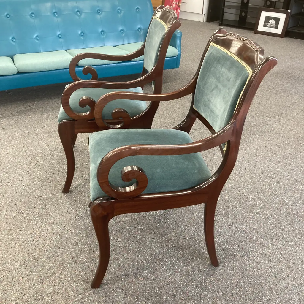 Pair of Mahogany Sabre leg Dining Chairs With Scrolled Arms, Green Fabric With Lime Braiding Image 1++