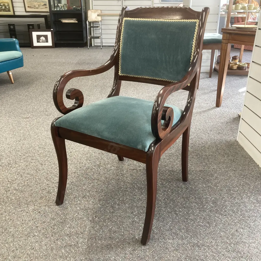 Pair of Mahogany Sabre leg Dining Chairs With Scrolled Arms, Green Fabric With Lime Braiding Image 1++