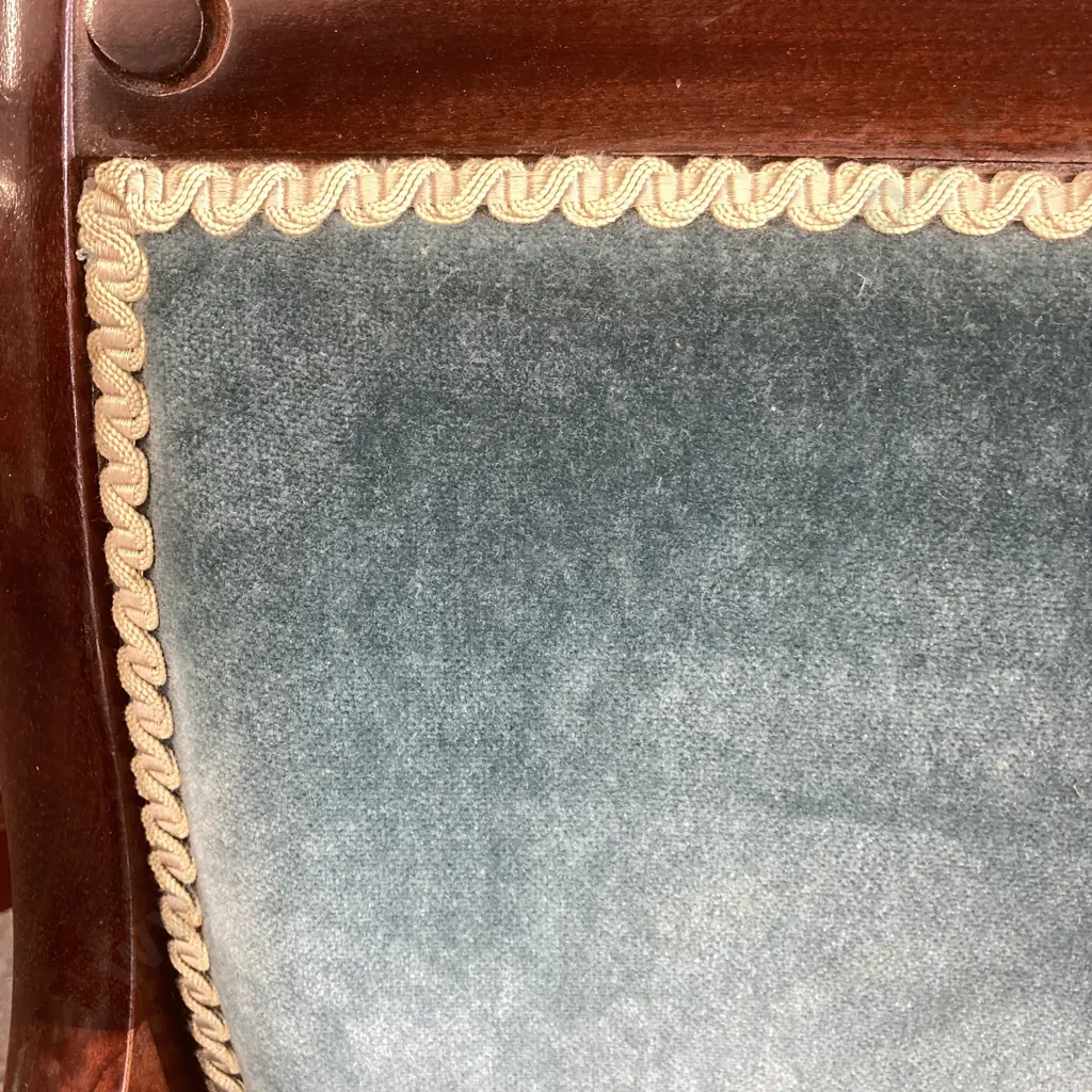 Pair of Mahogany Sabre leg Dining Chairs With Scrolled Arms, Green Fabric With Lime Braiding Image 1++