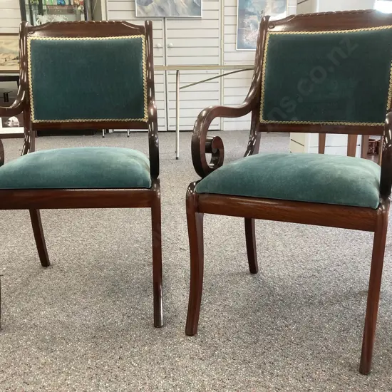 Pair of Mahogany Sabre leg Dining Chairs With Scrolled Arms, Green Fabric With Lime Braiding