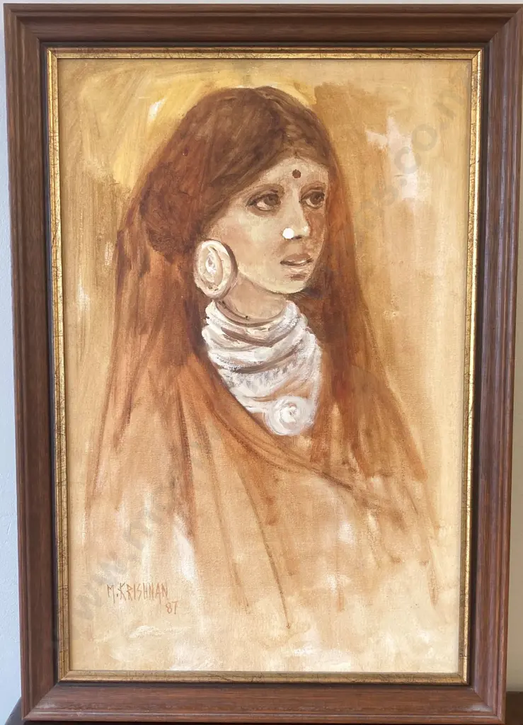 Framed Portrait Of A Lady Signed M.Krishnan 87, 67 x 47cm Image 1++