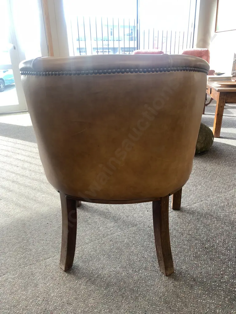 Mid Century Barrel Backed Club Chair, Leather With Steel Domed Head Detail, Oak Bentwood Arms, H80 W66 D66cm Image 1++