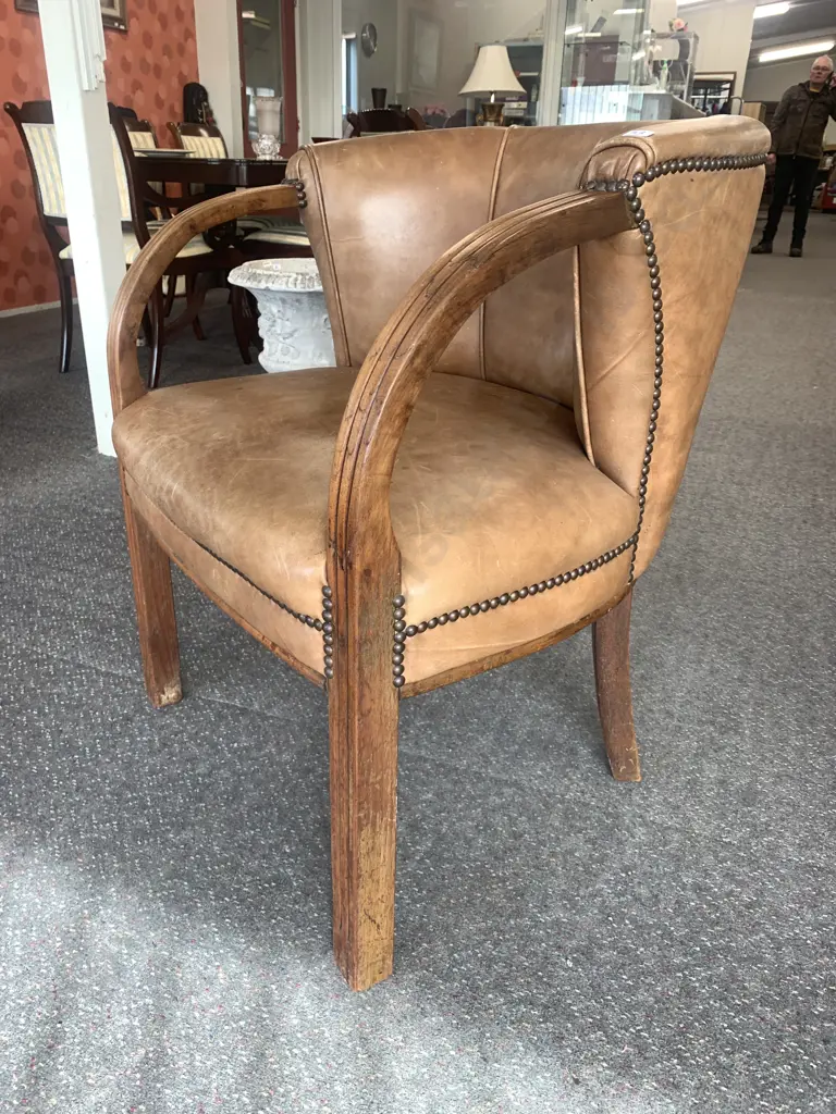 Mid Century Barrel Backed Club Chair, Leather With Steel Domed Head Detail, Oak Bentwood Arms, H80 W66 D66cm Image 1++