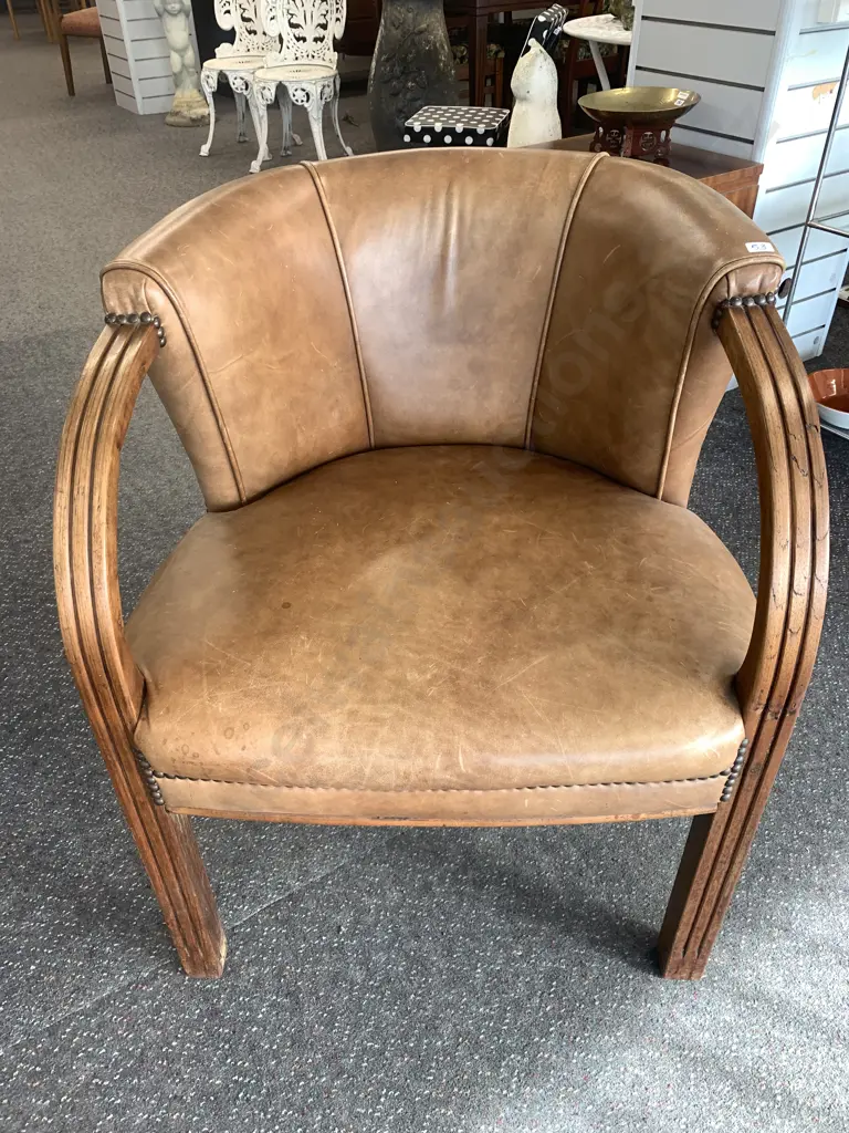 Mid Century Barrel Backed Club Chair, Leather With Steel Domed Head Detail, Oak Bentwood Arms, H80 W66 D66cm Image 1++