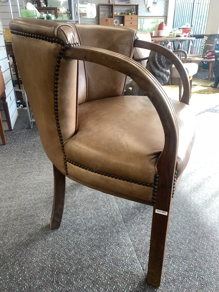 Mid Century Barrel Backed Club Chair, Leather With Steel Domed Head Detail, Oak Bentwood Arms, H80 W66 D66cm Image 1++