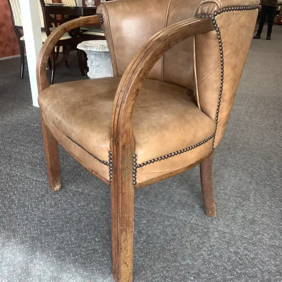 Mid Century Barrel Backed Club Chair, Leather With Steel Domed Head Detail, Oak Bentwood Arms, H80 W66 D66cm