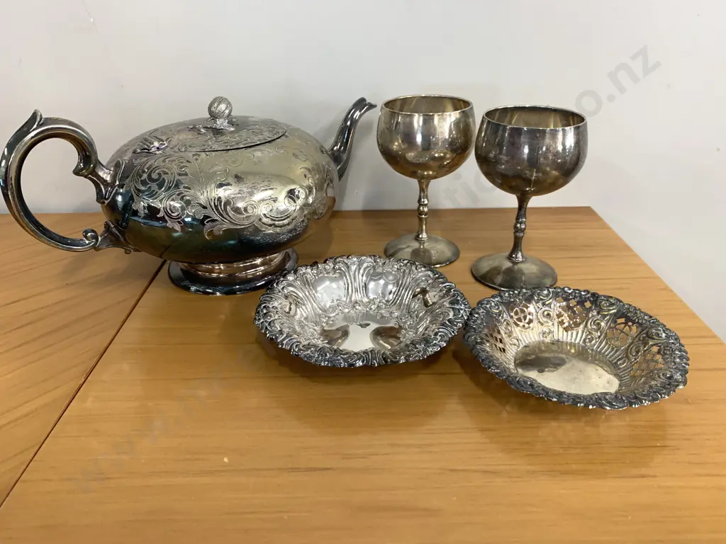 WS Burton Silver Plated Teapot With Assortment Of Silver Ware Items Image 1++