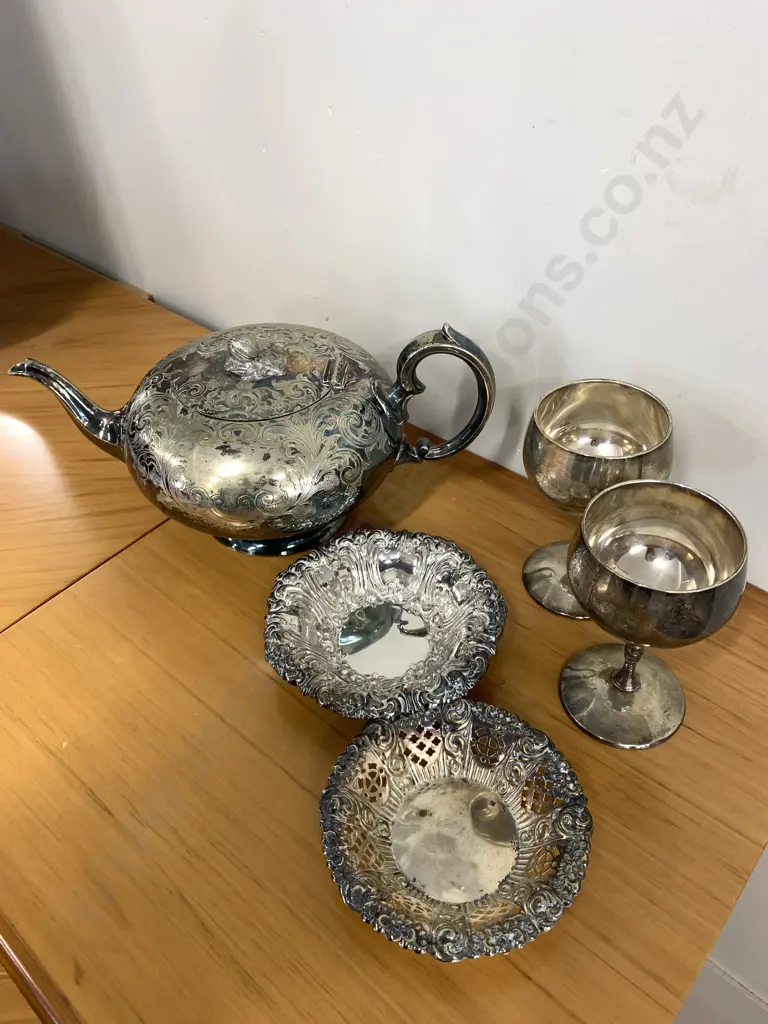 WS Burton Silver Plated Teapot With Assortment Of Silver Ware Items Image 1++