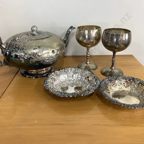 WS Burton Silver Plated Teapot With Assortment Of Silver Ware Items
