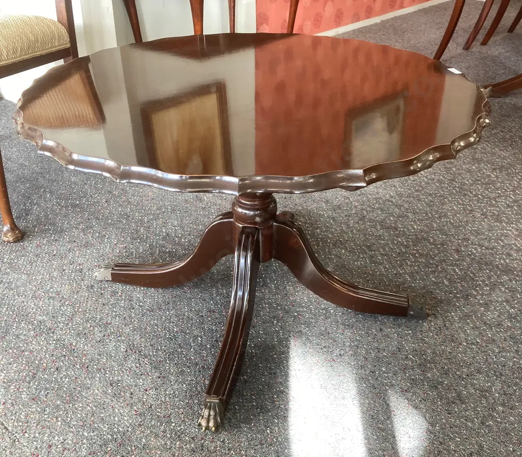 Mahogany Round Scalloped Top Occasional Table, Single Pedestal To 4 Brass Claw Feet, 46 x 76cm Image 1++