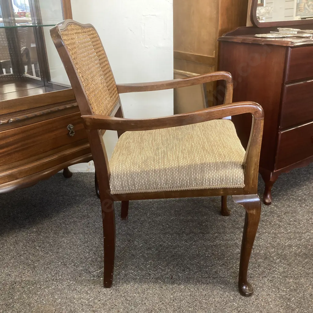 Mahogany Lounge Chair With Cane Filled Back, Armed, Gold & Black Flecked Fabric Image 1++