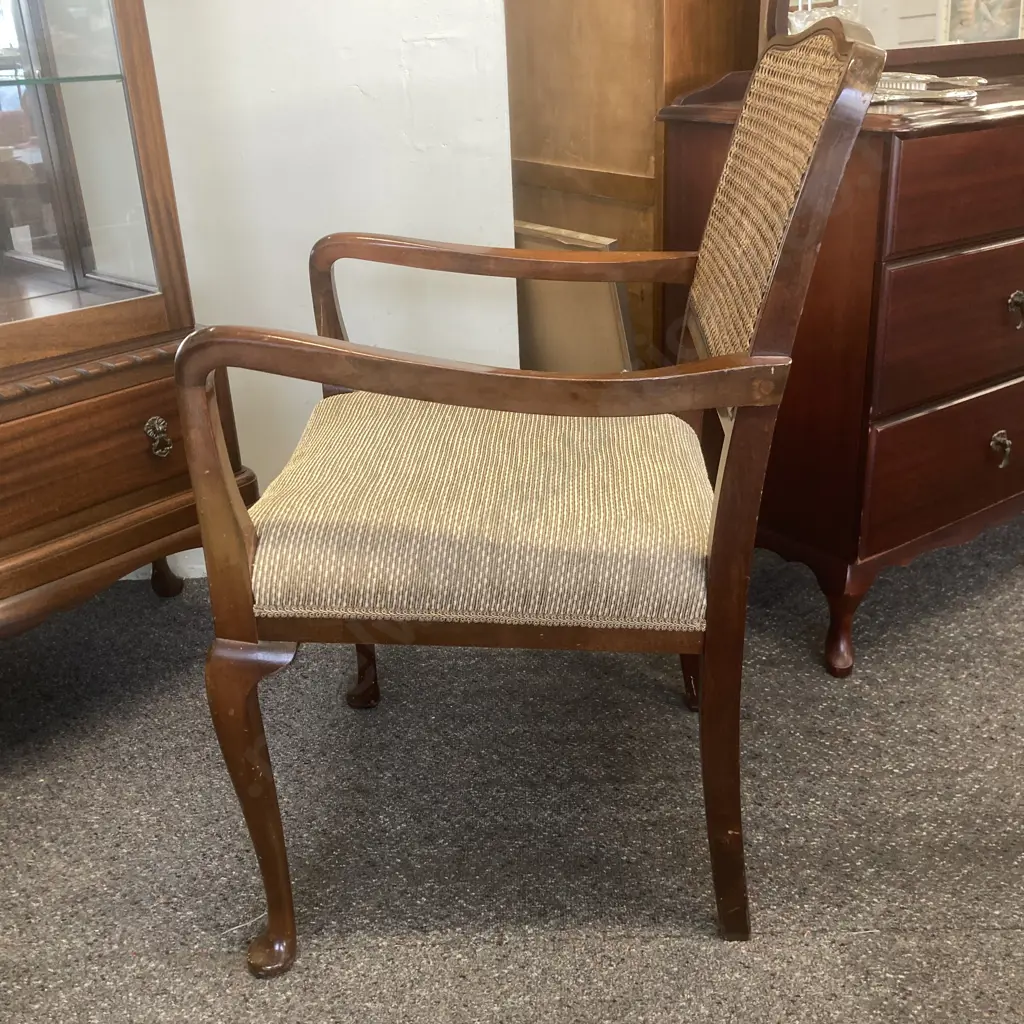 Mahogany Lounge Chair With Cane Filled Back, Armed, Gold & Black Flecked Fabric Image 1++